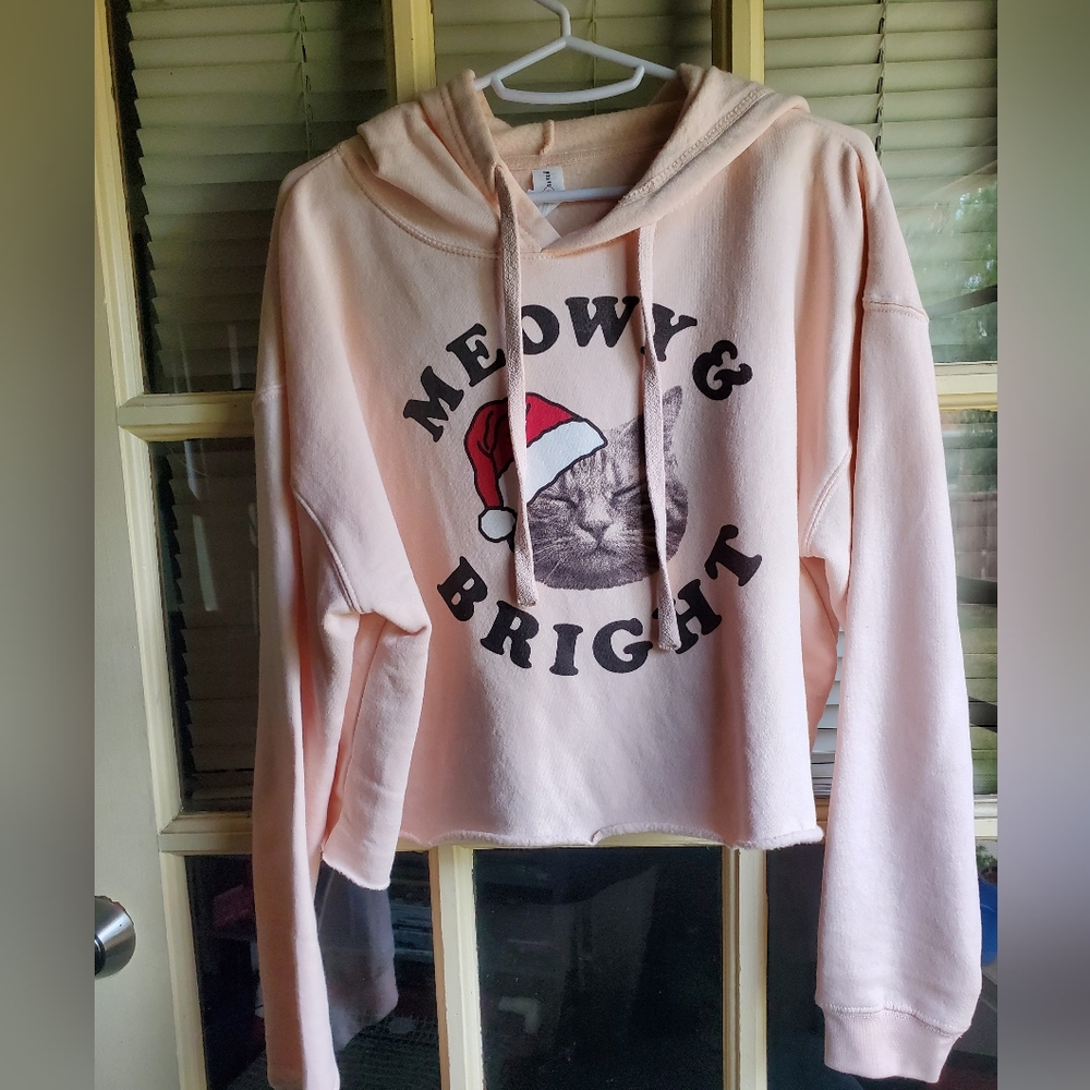 Christmas Cat Crop Hoodie - Light Pink - Medium